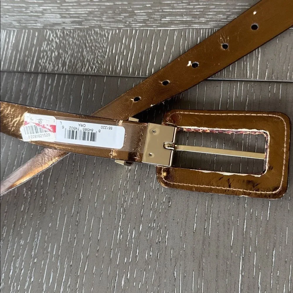 Michael Kors Brown Orange Leather Belt with Gold Tone Buckle Snake Print Size L